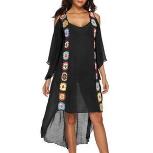 Cellabie‎ Women's Cover-Up Dress Black One Size Floral Crochet 3/4 Sleeve